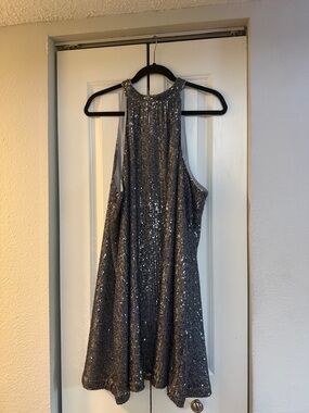LOFT Silver Sequin Halter Swing Mini Dress